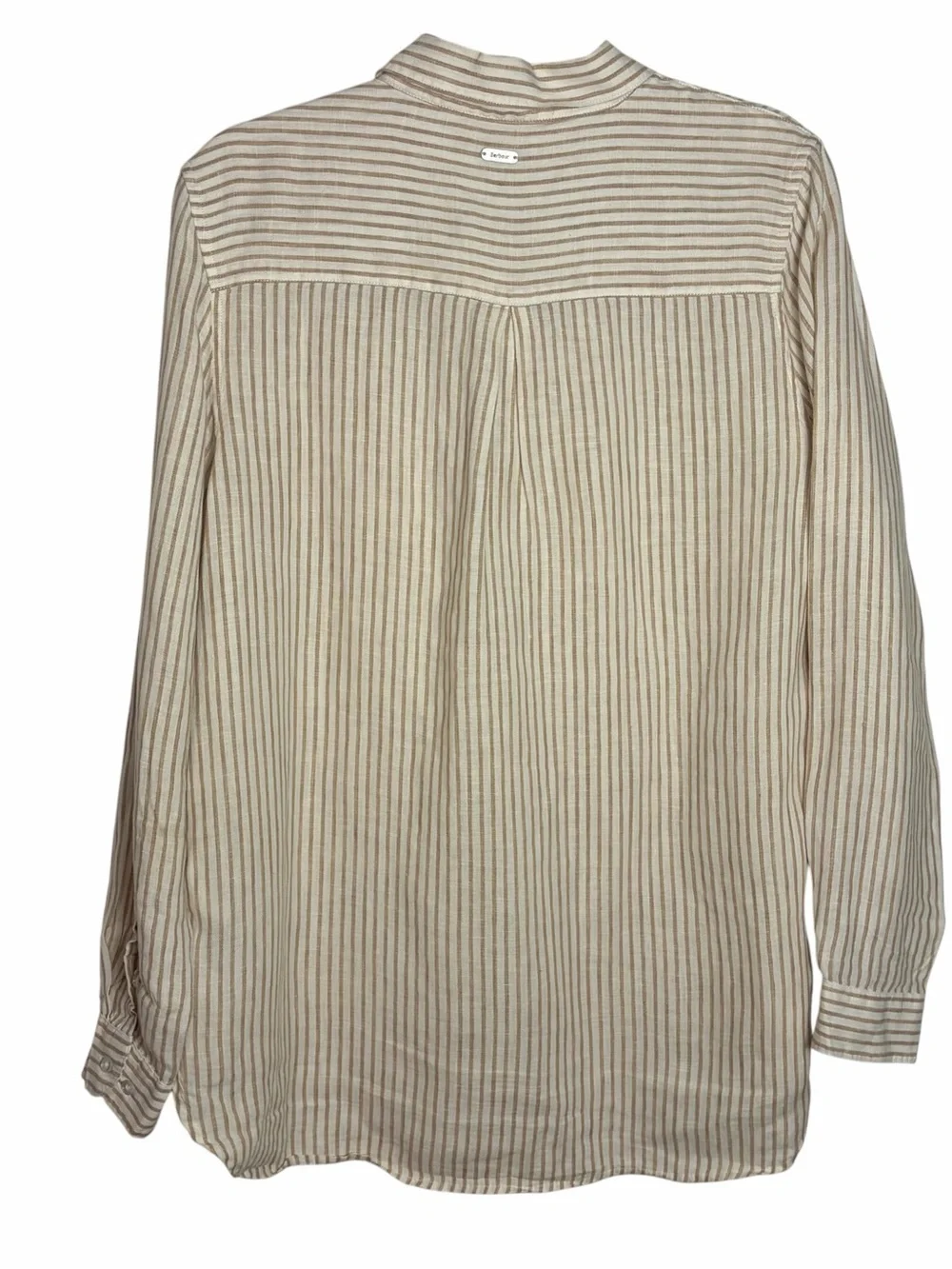 Barbour Striped Button Up 100% Linen Shirt Tan Beige Women’s 12 TINY STAIN